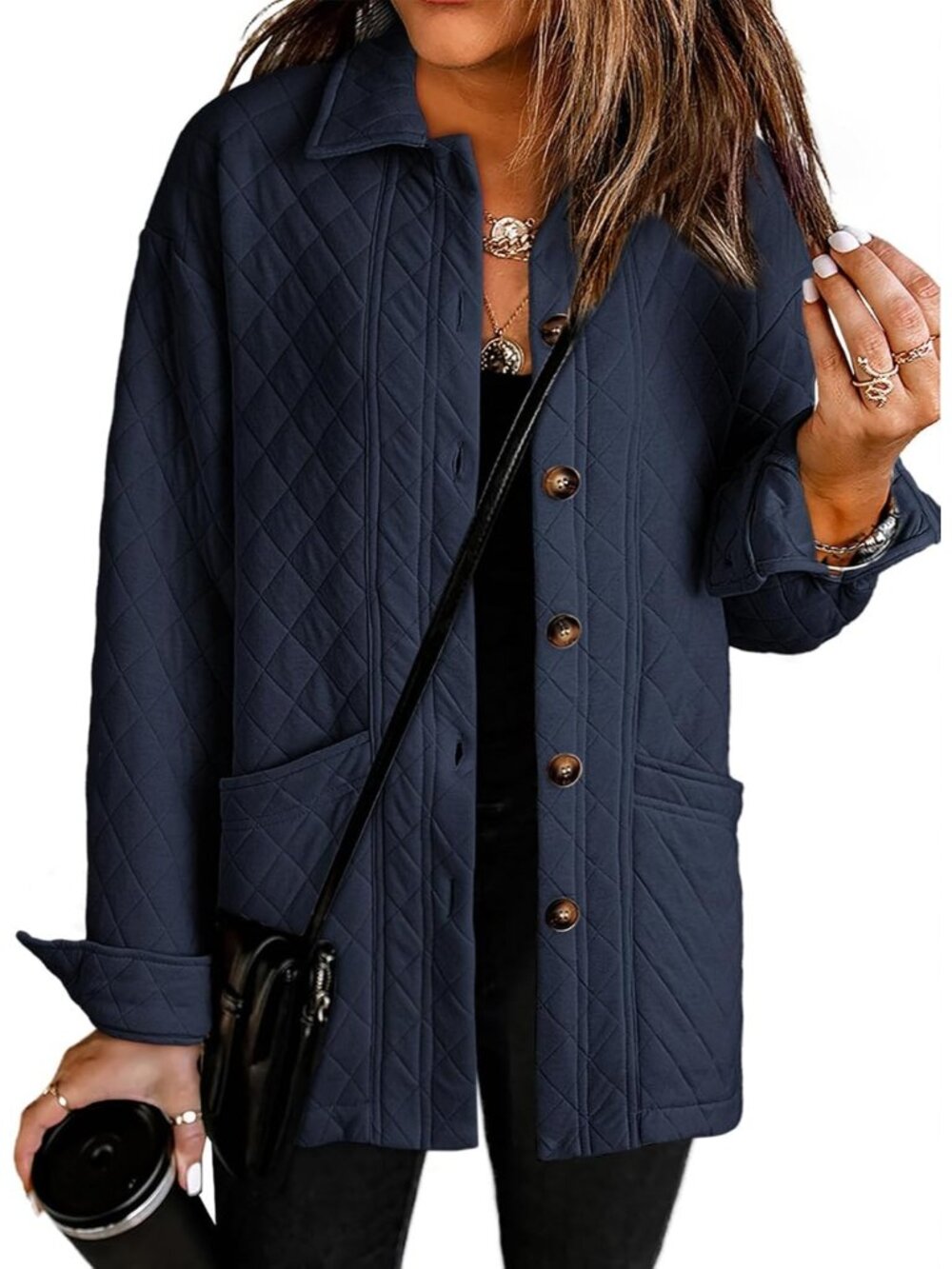 〽️Women's Navy Blue Quilted Lightweight Button Down Collared Pocket Sleeve Coat